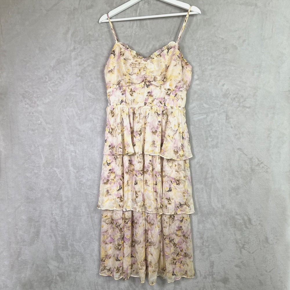 VICI Floral Babydoll Maxi Dress XL Yellow Pink‎ Tiered Chiffon Boho Cottagecore